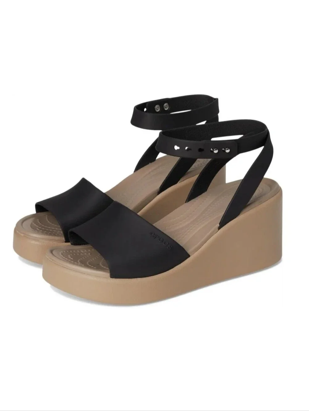 CROCS Brooklyn Ankle Strap Wedge, Black & Tan Wedge Sandals with Ankle Strap - Picture 1 of 16